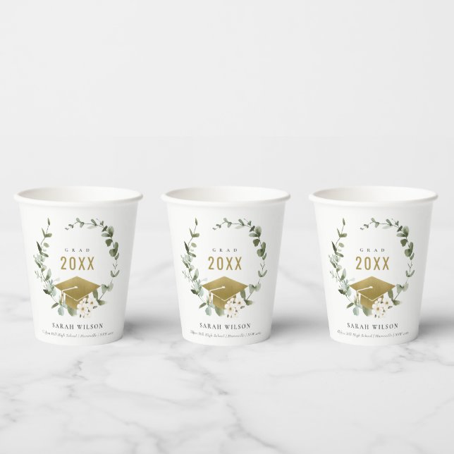 Elegant Botanical Leafy Wreath Gold Graduation Paper Cups (Multi)