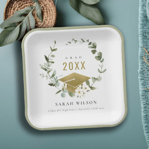 Elegant Botanical Leafy Wreath Gold Graduation  Paper Plate