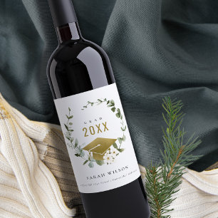 Elegant Botanical Leafy Wreath Gold Graduation Wine Label