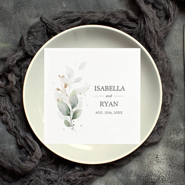 Elegant Botanical Leaves Gold Green Wedding Napkin (Creator Uploaded)