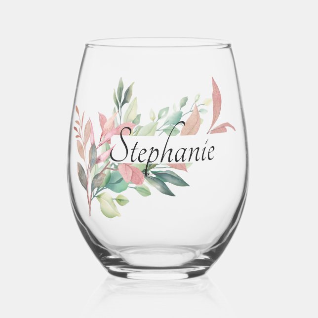 Elegant Botanical Leaves Personalised Name Stemless Wine Glass (Front)