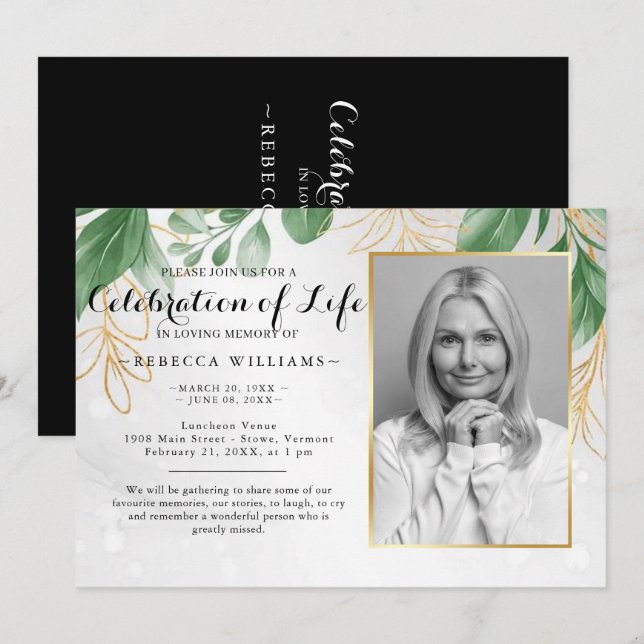 Elegant Botanical Leaves Photo Celebration of life Invitation (Front/Back)