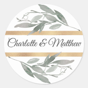 Elegant Botanical Leaves Sage Gold Wedding Classic Round Sticker