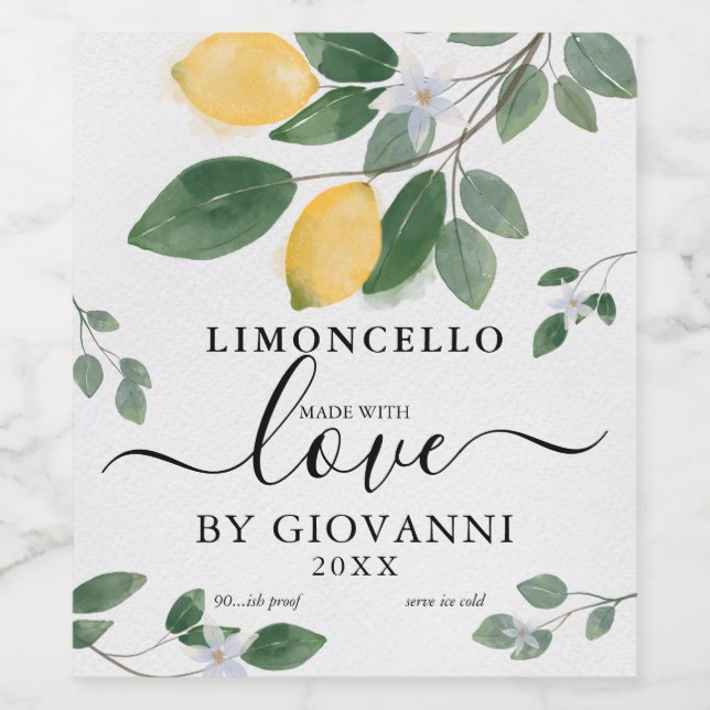 Elegant Botanical Lemon Made with Love Limoncello  Wine Label (Single Label)
