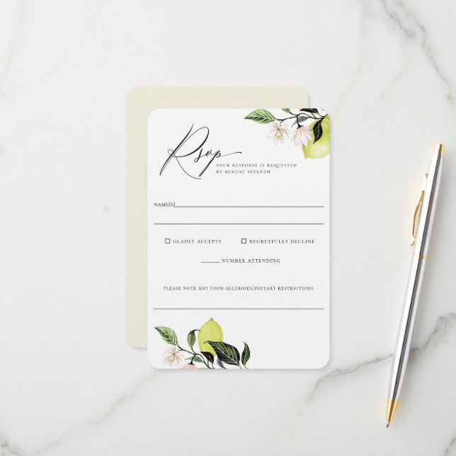 Elegant Botanical Lemons Wedding Food Allergy Rsvp (Front/Back In Situ)
