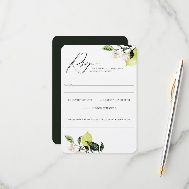 Elegant Botanical Lemons Wedding Food Allergy Rsvp (Front/Back In Situ)