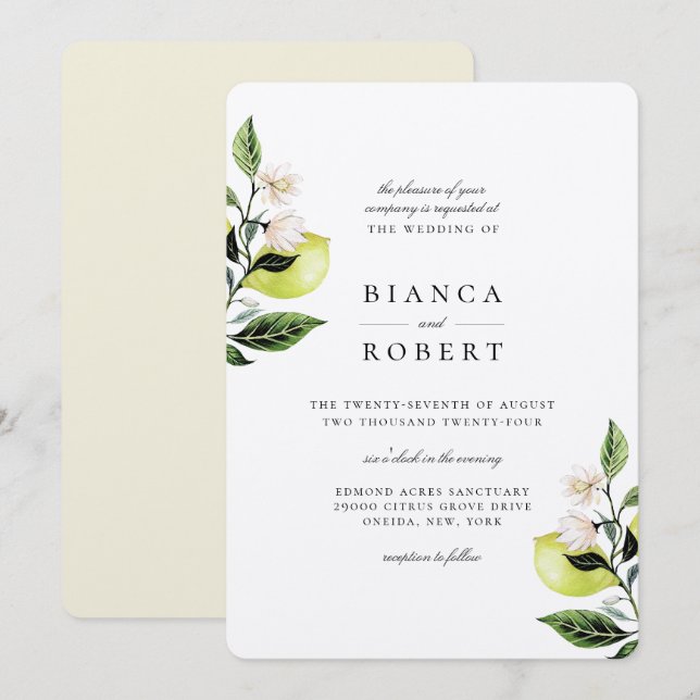 Elegant Botanical Lemons Wedding Invitation (Front/Back)