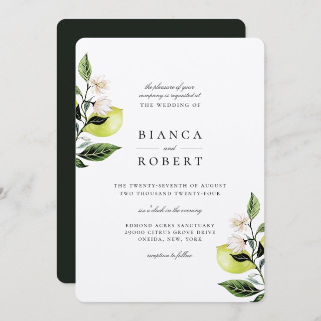 Elegant Botanical Lemons Wedding Invitation (Front/Back)