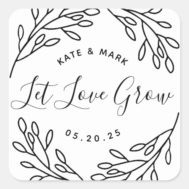 Elegant Botanical Let Love Grow Wedding Favour Square Sticker (Front)