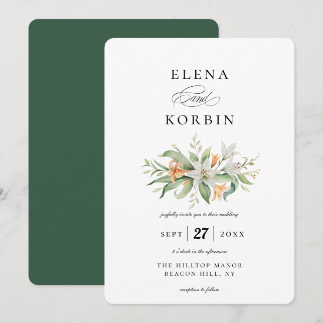 Elegant Botanical Lily Floral Bouquet Wedding Invitation (Front/Back)