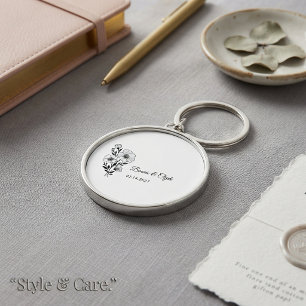Elegant Botanical Line Art Floral Bouquet Wedding Key Ring