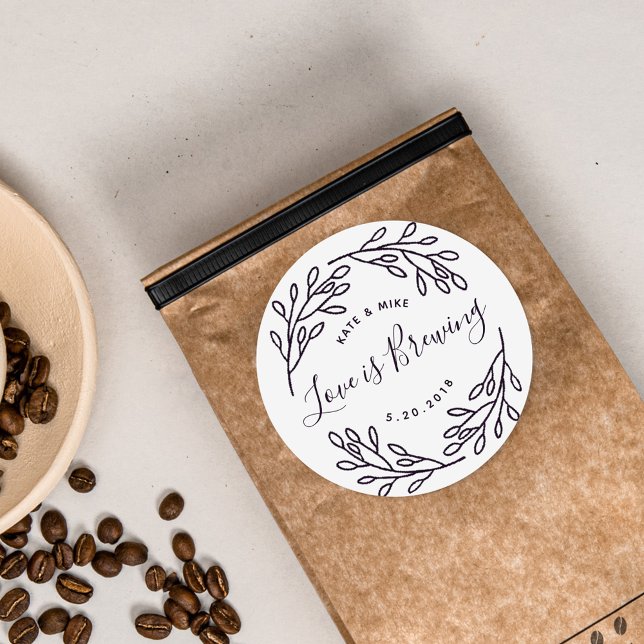 Elegant Botanical Love is Brewing Wedding Favour Classic Round Sticker (Creator Uploaded)
