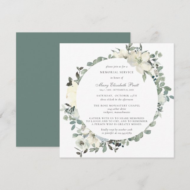 Elegant Botanical Memorial Service White Floral In Invitation (Front/Back)
