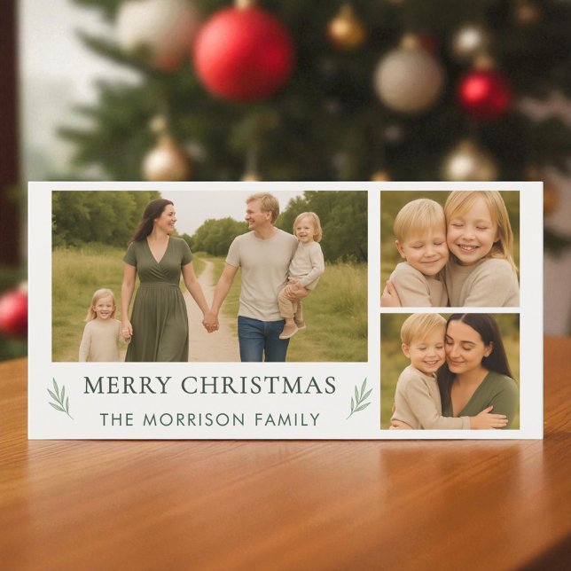 Elegant Botanical Merry Christmas 3 Photo Holiday Card (Creator Uploaded)