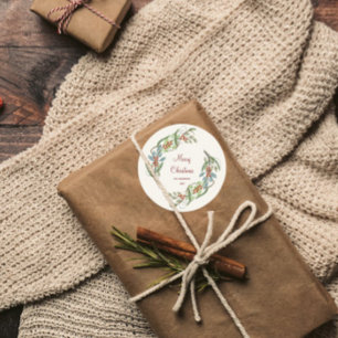 Elegant Botanical Merry Christmas Wreath Classic Round Sticker