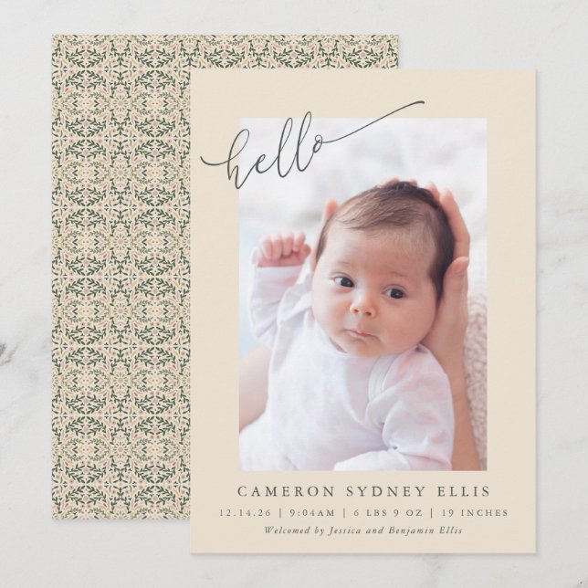 Elegant Botanical Minimalist Hello Photo Birth Announcement (Front/Back)