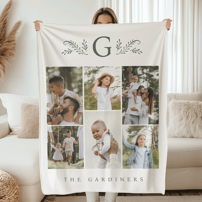 Elegant Botanical Monogram 6 Photo Collage Fleece Blanket (Creator Uploaded)