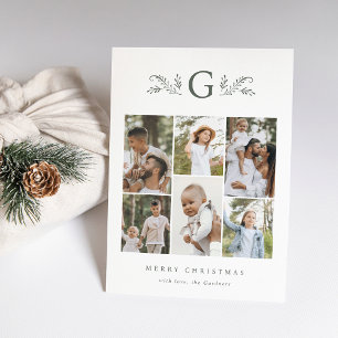 Elegant Botanical Monogram 6 Photo Collage Holiday Card