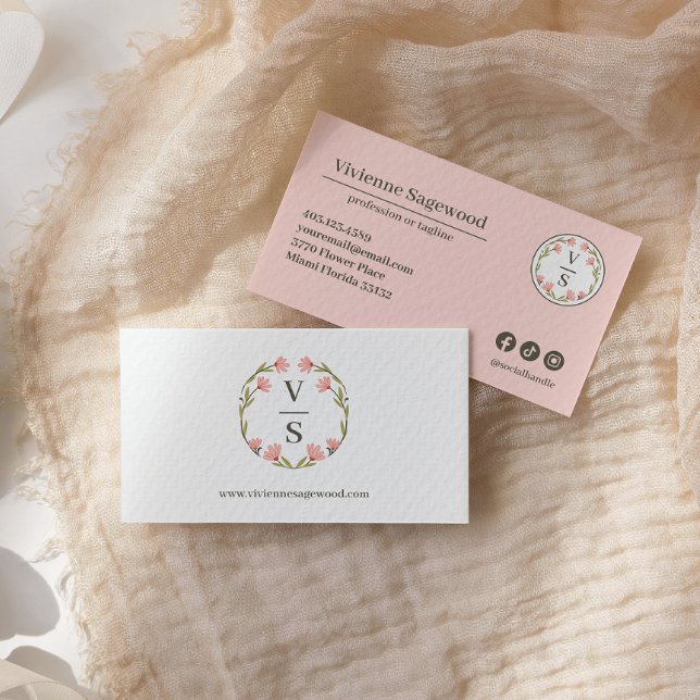 Elegant Botanical Monogram Crest Pink Green Floral Business Card (Creator Uploaded)