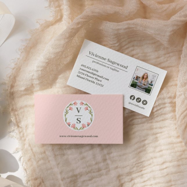 Elegant Botanical Monogram Crest Pink Photo Business Card (Creator Uploaded)