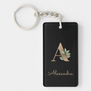 Elegant Botanical Monogram Gold Letter A Key Ring