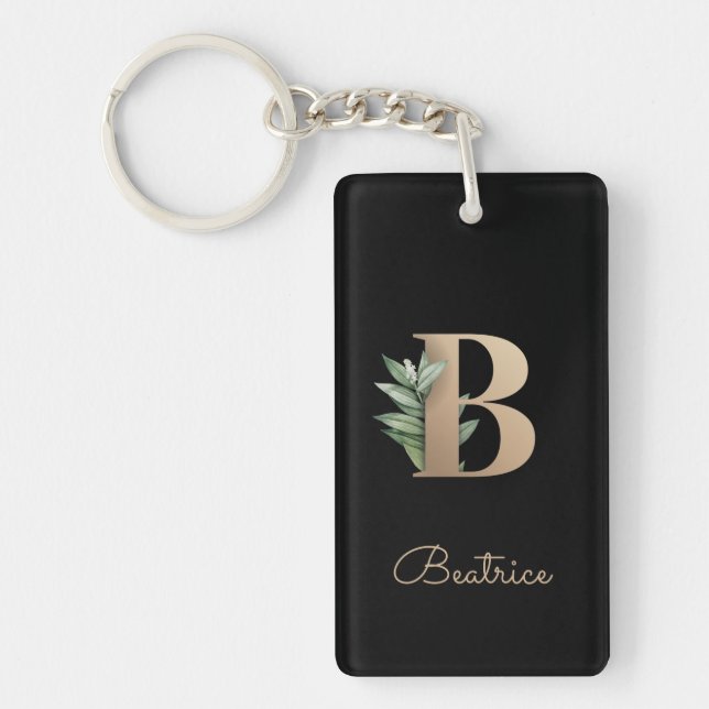 Elegant Botanical Monogram Gold Letter B Key Ring (Front)