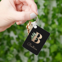 Elegant Botanical Monogram Gold Letter B Keychain