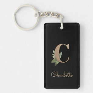 Elegant Botanical Monogram Gold Letter C Key Ring