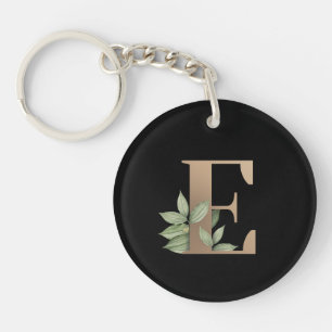 Elegant Botanical Monogram Gold Letter E Key Ring