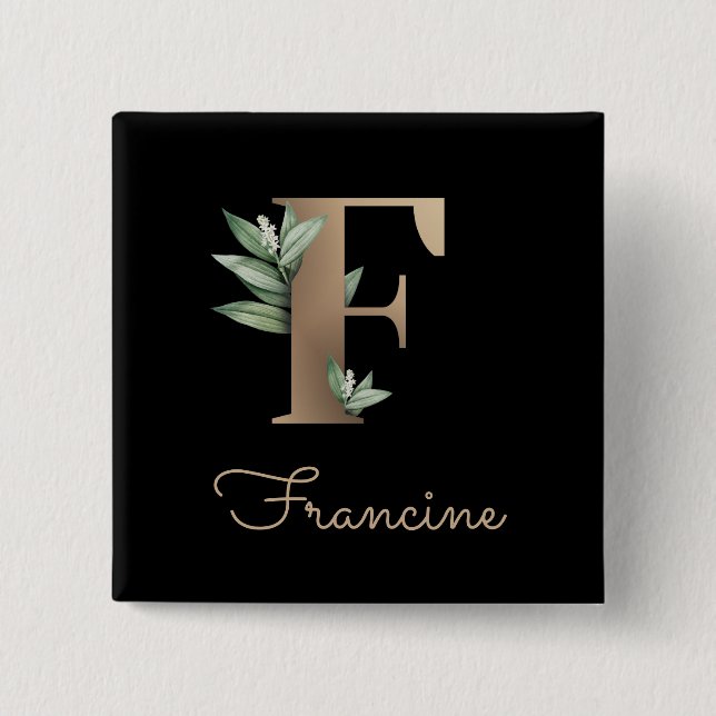 Elegant Botanical Monogram Gold Letter F Button (Front)