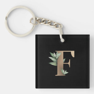 Elegant Botanical Monogram Gold Letter F Key Ring