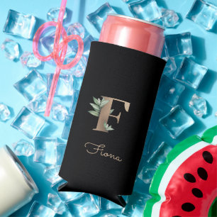 Elegant Botanical Monogram Gold Letter F  Seltzer Can Cooler