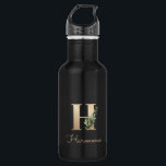 Elegant Botanical Monogram Gold Letter H  532 Ml Water Bottle<br><div class="desc">Elegant black water bottle with a gold botanical monogram in the centre.</div>