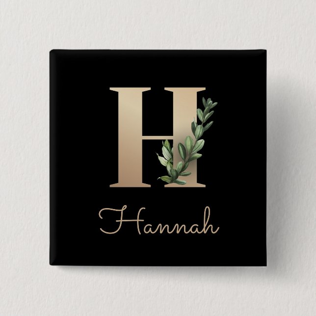 Elegant Botanical Monogram Gold Letter H Button (Front)