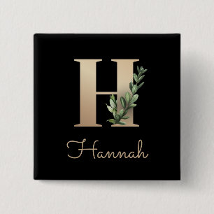 Elegant Botanical Monogram Gold Letter H Button