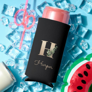 Elegant Botanical Monogram Gold Letter H Seltzer Can Cooler