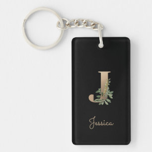 Elegant Botanical Monogram Gold Letter J Key Ring