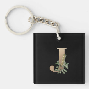 Elegant Botanical Monogram Gold Letter J Key Ring
