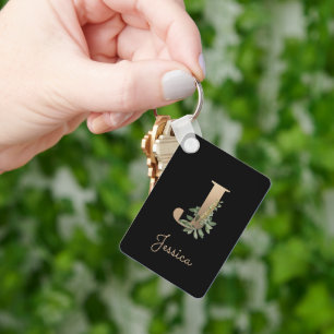 Elegant Botanical Monogram Gold Letter J Keychain