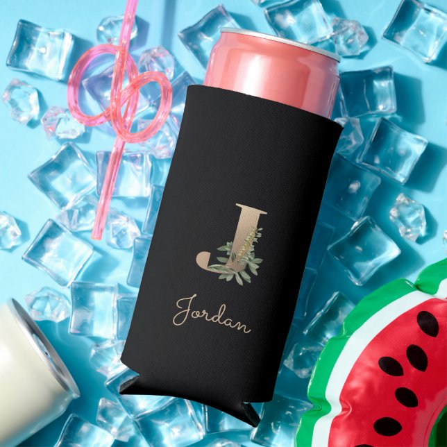 Elegant Botanical Monogram Gold Letter J  Seltzer Can Cooler (In Situ Summer)