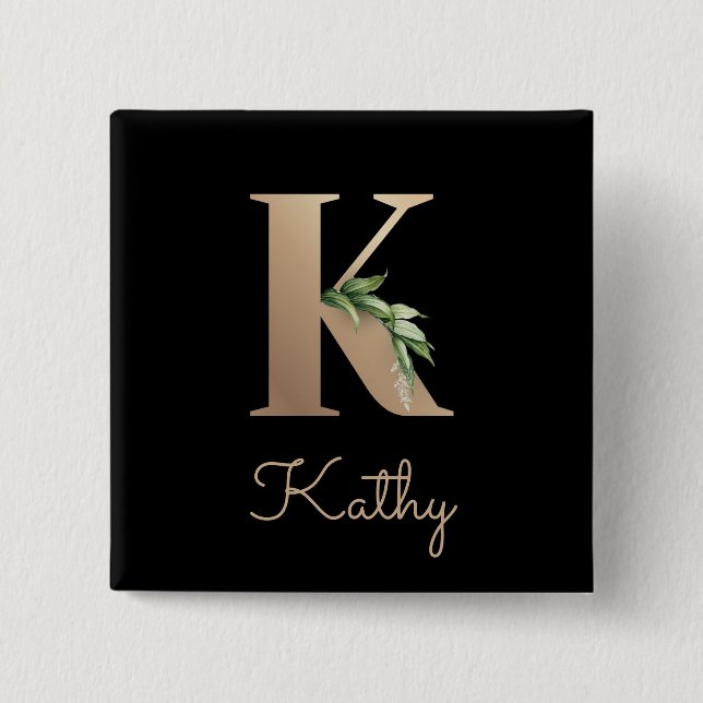 Elegant Botanical Monogram Gold Letter K Button (Front)