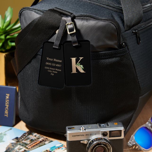 Elegant Botanical Monogram Gold Letter K Luggage Tag (Front & Back)