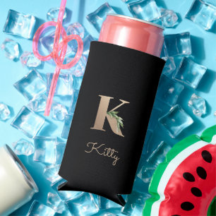 Elegant Botanical Monogram Gold Letter K Seltzer Can Cooler