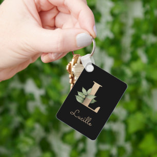 Elegant Botanical Monogram Gold Letter L Keychain