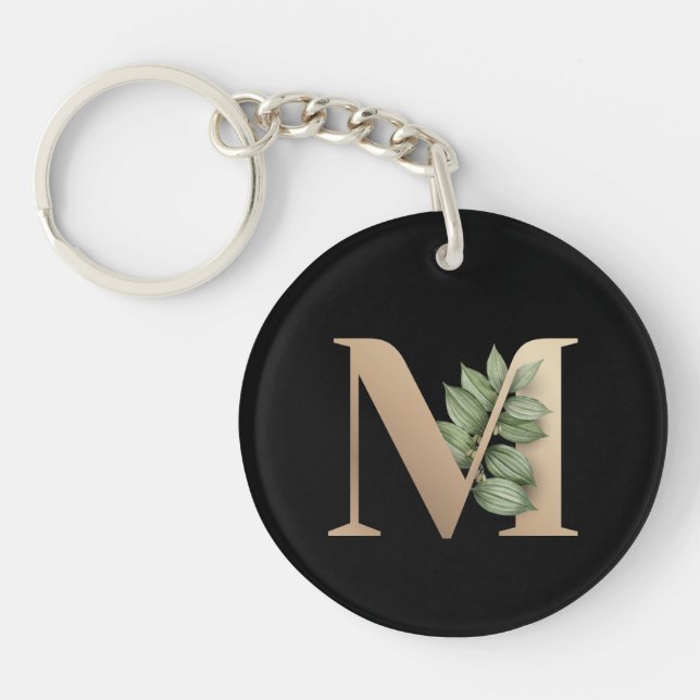 Elegant Botanical Monogram Gold Letter M Key Ring (Front)