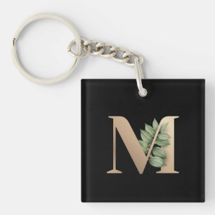 Elegant Botanical Monogram Gold Letter M Key Ring