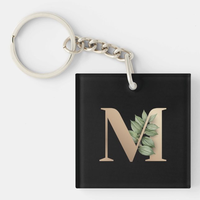 Elegant Botanical Monogram Gold Letter M Key Ring (Front)