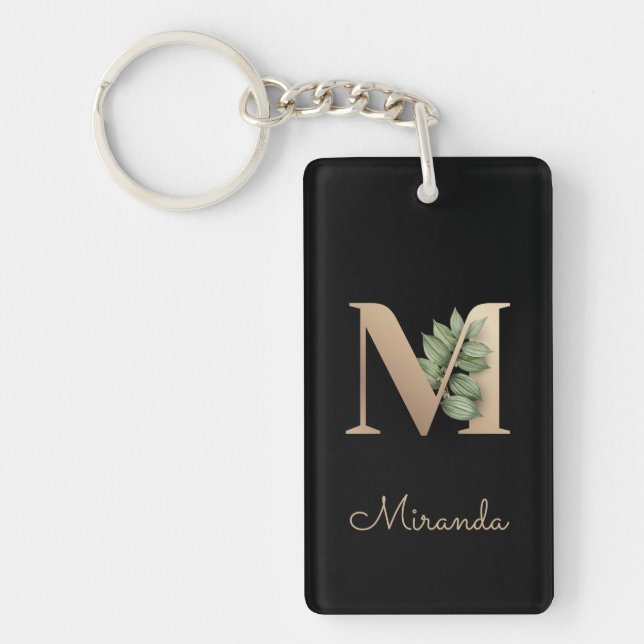 Elegant Botanical Monogram Gold Letter M Key Ring (Front)