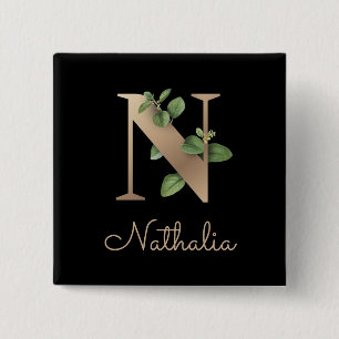 Elegant Botanical Monogram Gold Letter N Button