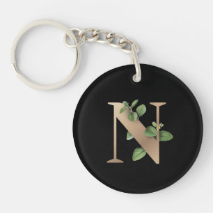 Elegant Botanical Monogram Gold Letter N Key Ring